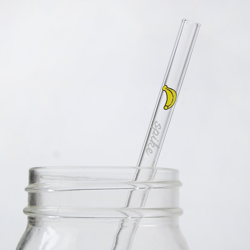 含玻璃雕刻刻字 20cm (口径0.8cm) 平口 香蕉玻璃吸管(附赠小刷) - 随行杯提袋/水壶袋 - 玻璃 黄色