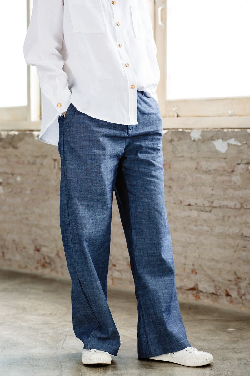 Chambray Basic Trousers - 女装长裤 - 棉．麻 蓝色