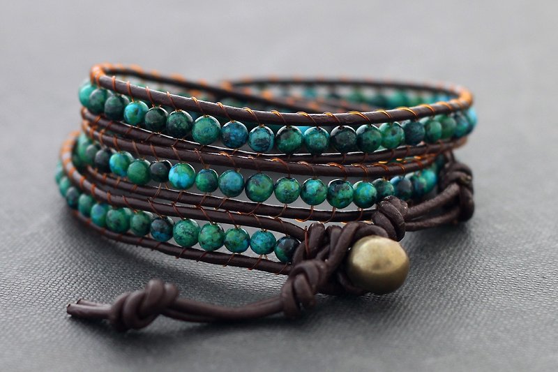 皮革缠绕手链石中性波西米亚绿孔雀石串珠皮革 - 手链/手环 - 石头 绿色