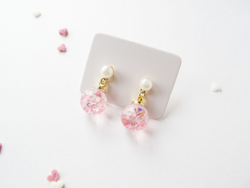 Rosy Garden 樱花气质粉红色水晶玻璃球珍珠垂吊耳环 可换耳夹式 - 耳环/耳夹 - 玻璃 粉红色