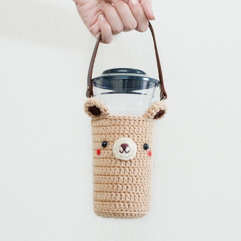 Crochet Beverage Holder, Coffee Cozy with Leather Strap | The Bear No.3 - 随行杯提袋/水壶袋 - 棉．麻 咖啡色