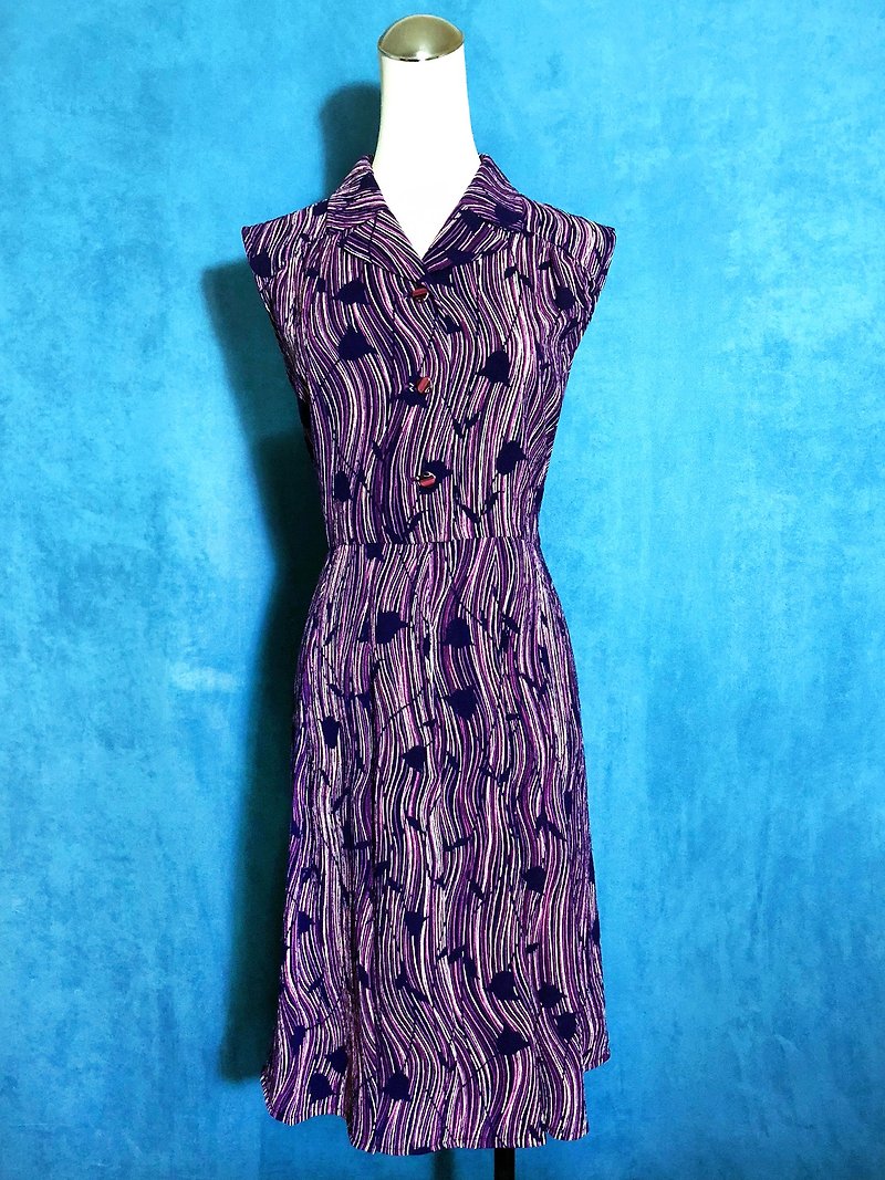 紫色波纹花朵无袖古着洋装 / 国外带回 VINTAGE - 洋装/连衣裙 - 聚酯纤维 紫色