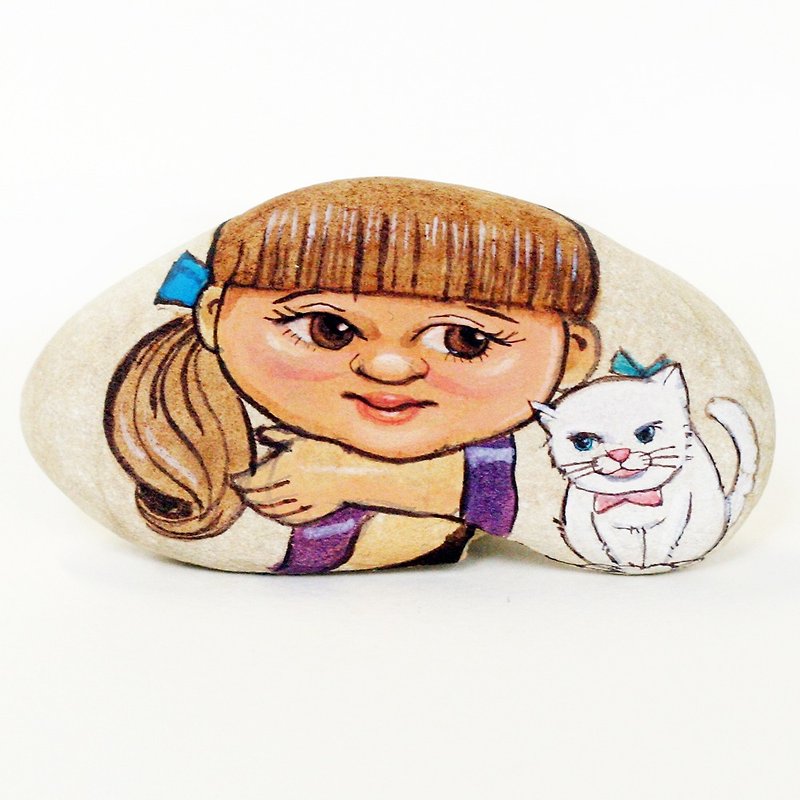 Girl & Little Cat Stone Painting.Gift for Friends. - 其他 - 石头 多色