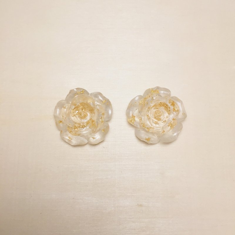 复古透明金箔玫瑰耳环耳夹 - 耳环/耳夹 - 树脂 透明