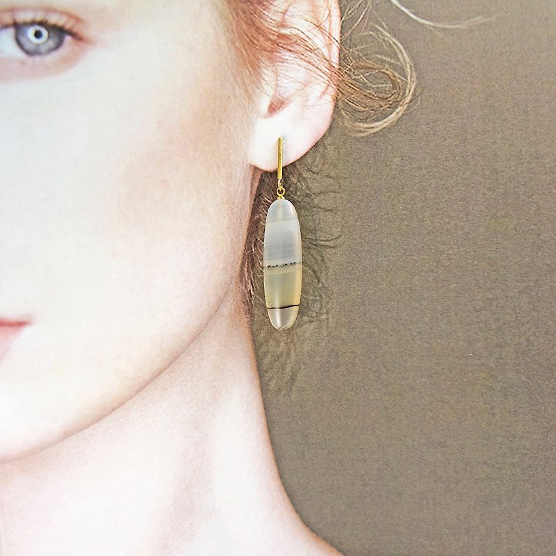 玛瑙925纯银耳环 山水画耳环 艺术 独一无二玛瑙 可改夹式耳环 - 耳环/耳夹 - 半宝石 金色