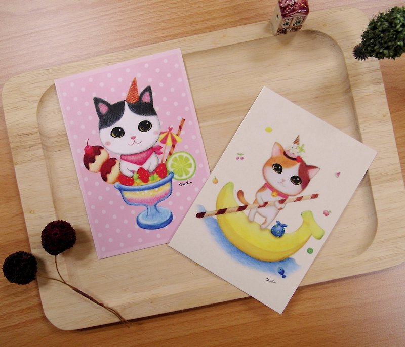 ChinChin 手绘猫咪明信片 -草莓圣代/香蕉圣代 (两入一组)