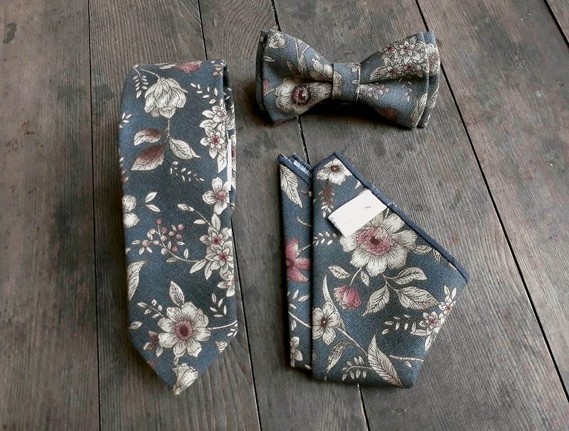 典雅风花卉 三件套组 - 领带/领带夹 - 棉．麻 多色