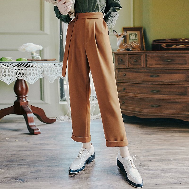 早秋装新款2018几分之秋复古时尚纯色含腰带小脚裤 - 女装长裤 - 其他材质 咖啡色