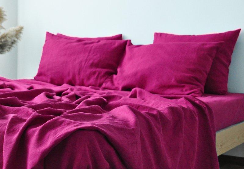 Fuchsia linen flat sheet / Linen bedsheet / Softened stonewashed linen sheet - 寝具 - 亚麻 粉红色