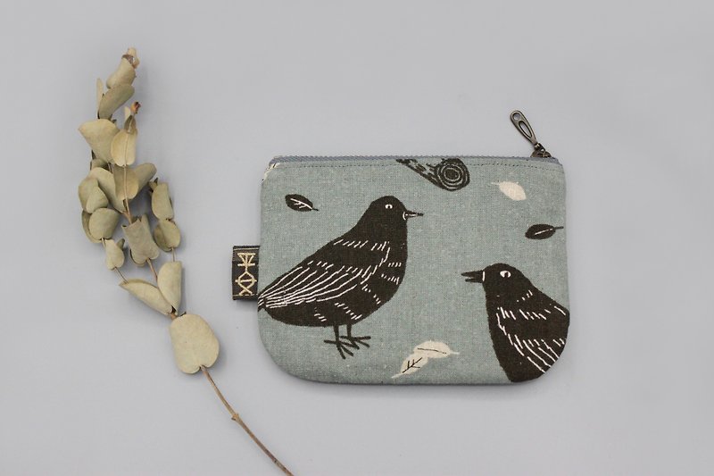 平安小乐包-悠闲的鸟儿(浅灰蓝底) ,双面双色小钱包 - 零钱包 - 棉．麻 灰色