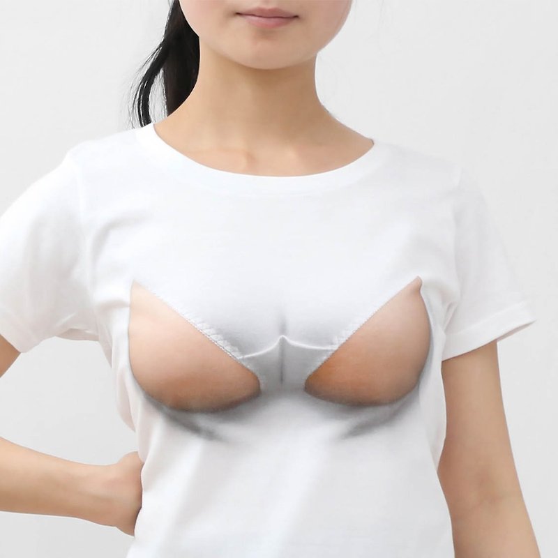 Mousou Buttocs on chest T-shirt/ WM size - 女装衬衫 - 棉．麻 白色