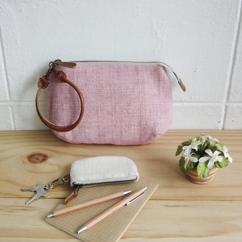 手工棉制化妆包/杂物包-天然植物染-粉红色 - 化妆包/杂物包 - 棉．麻 粉红色