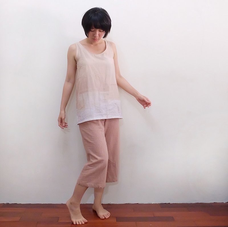 下午三点　七分宽裤　日本先染棉布　藕粉 - 女装长裤 - 棉．麻 粉红色