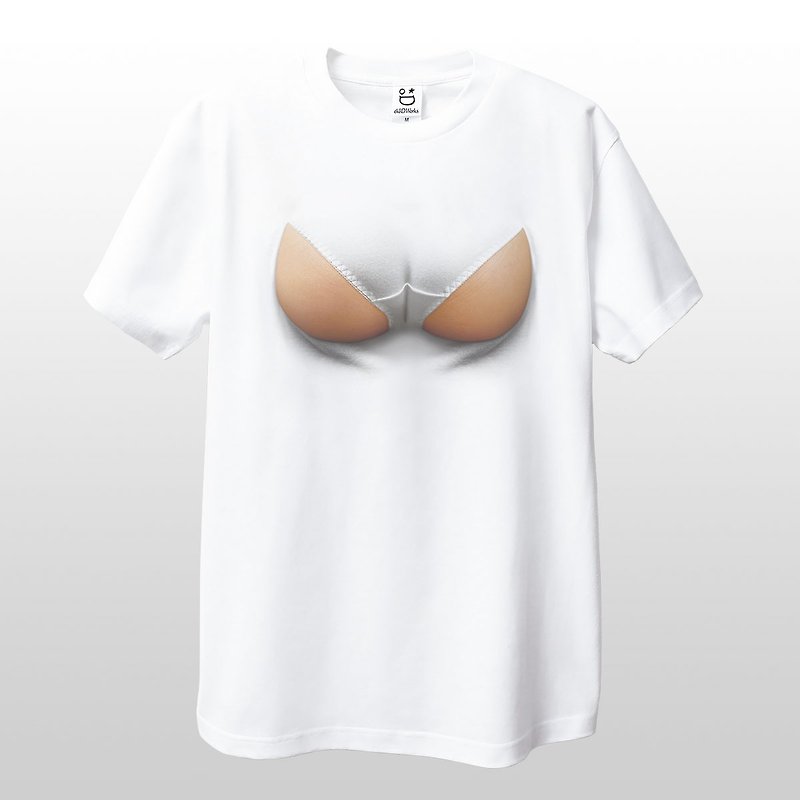 Mousou Buttocs on chest T-shirt/ M size - 中性连帽卫衣/T 恤 - 棉．麻 白色