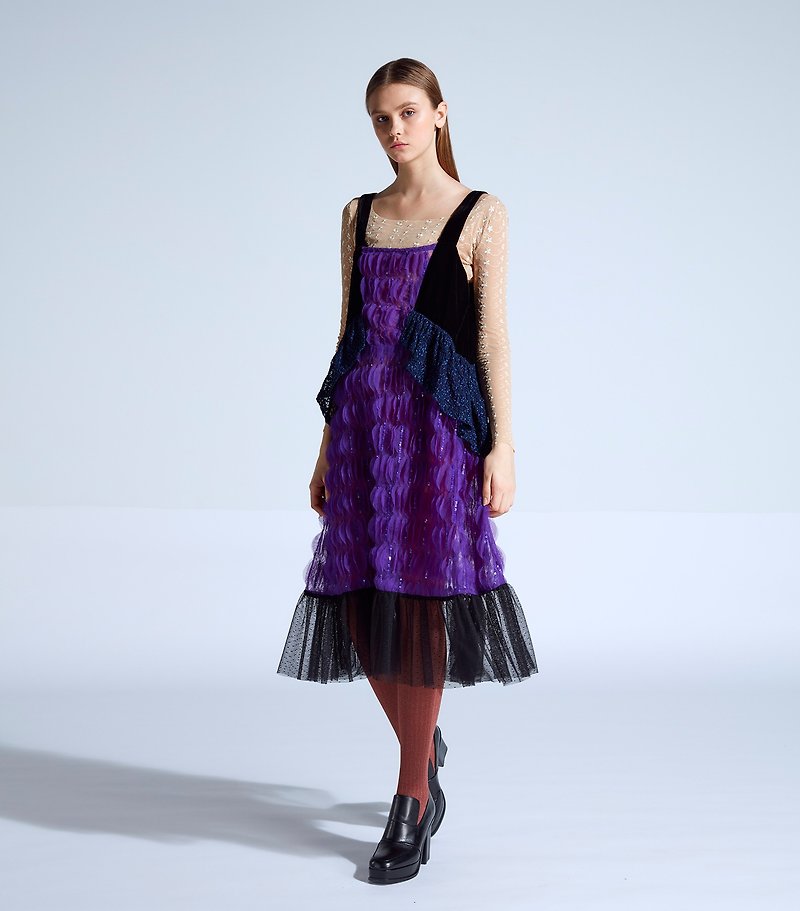 moi non plus 爱黛儿拼接吊带裙 - 紫 - 印度面料 - 洋装/连衣裙 - 聚酯纤维 紫色