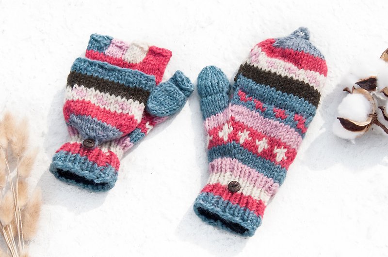 手织纯羊毛针织手套/可拆卸手套/内刷毛手套/保暖手套-草莓牛奶 - 手套 - 羊毛 粉红色