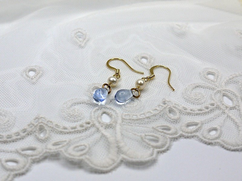 海水蓝 水滴水晶 珍珠 耳环 耳夹 - 耳环/耳夹 - 宝石 蓝色