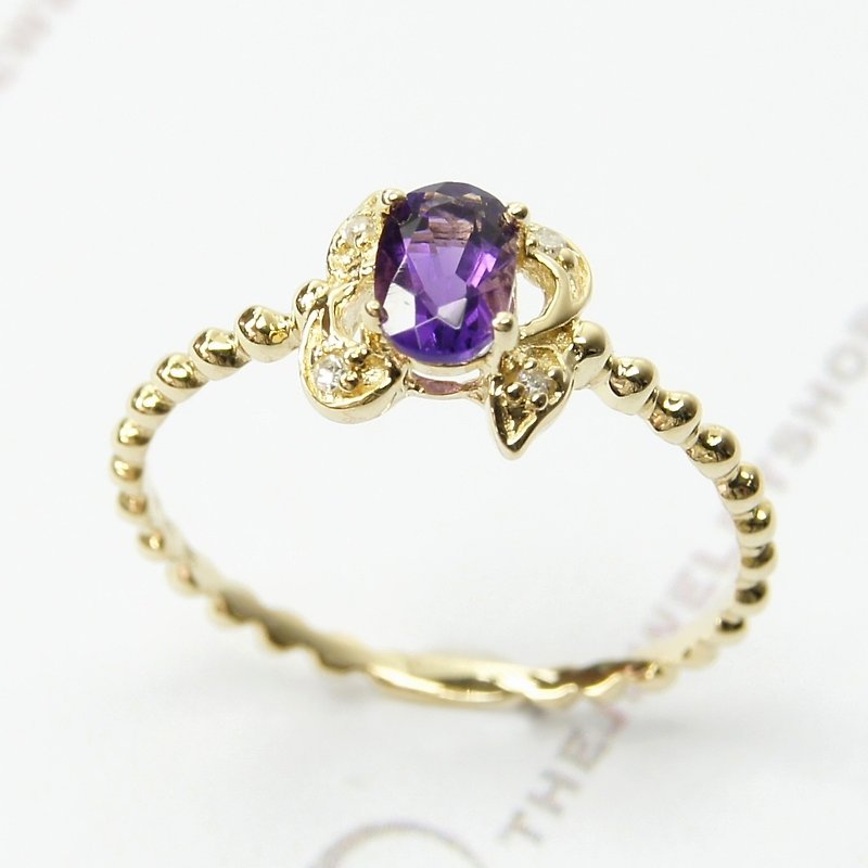 14K黄金 旦形紫水晶配钻石戒指 -  二月生日石 - 包邮 - 戒指 - 宝石 紫色