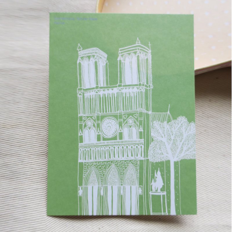 旅行风景法国-巴黎圣母院 / 插画明信片 - 卡片/明信片 - 纸 绿色