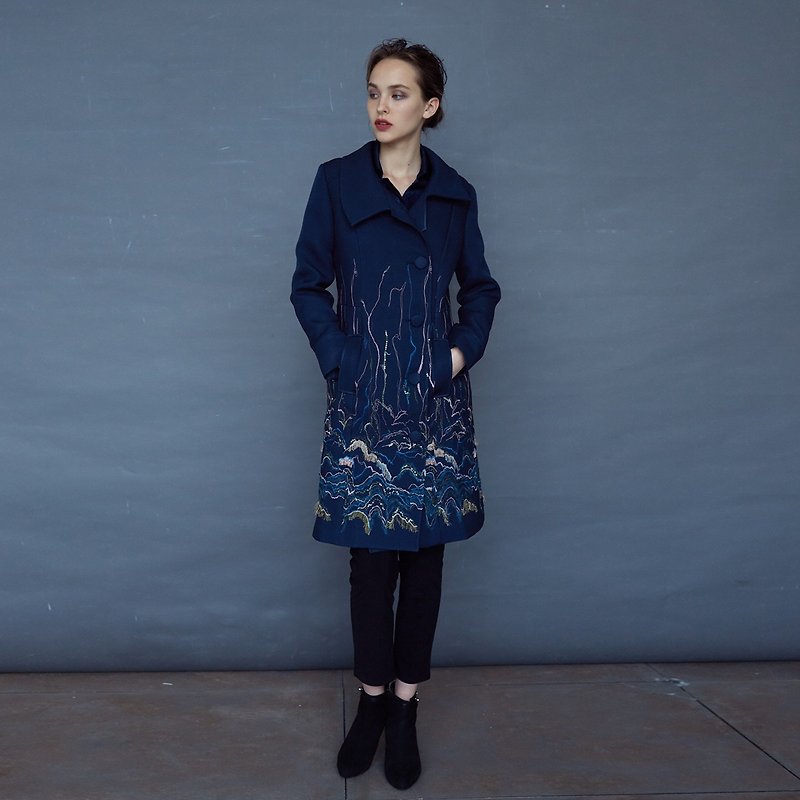 山水刺绣大衣 - 女装休闲/机能外套 - 聚酯纤维 蓝色
