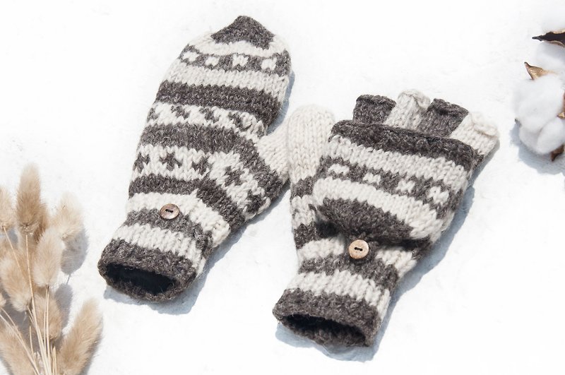 手织纯羊毛针织手套/可拆卸手套/内刷毛手套/保暖手套-香草拿铁色 - 手套 - 羊毛 咖啡色