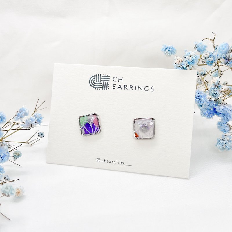 Chearrings | 日本和纸 树脂 方形耳钉 - 耳环/耳夹 - 纸 紫色