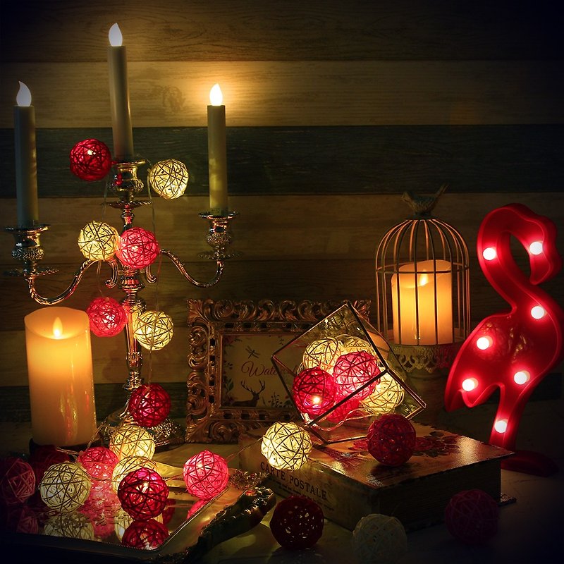创意灯饰 藤球灯串 电池款 粉红桃花 长度2M LED气氛灯 圣诞节 - 灯具/灯饰 - 竹 粉红色