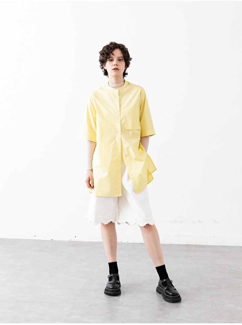 男友风 oversize 设计感中长款衬衫 短袖上衣 - 淡黄色 #633 - 女装衬衫 - 棉．麻 黄色