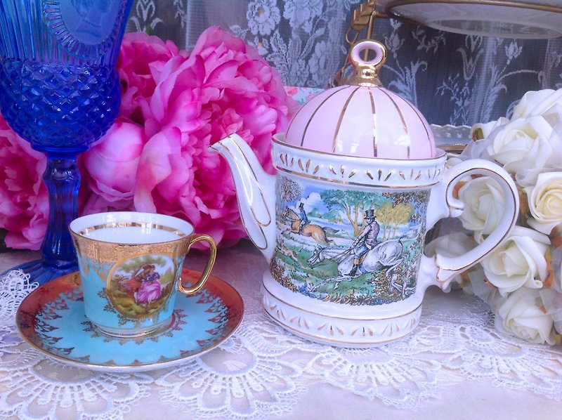 安妮疯古物vintage 复古 古董英国骨瓷 英国制 Sadler 粉红色打猎花茶壶 欢乐下午茶系列,可爱 库存新品 - 茶具/茶杯 - 其他材质 粉红色