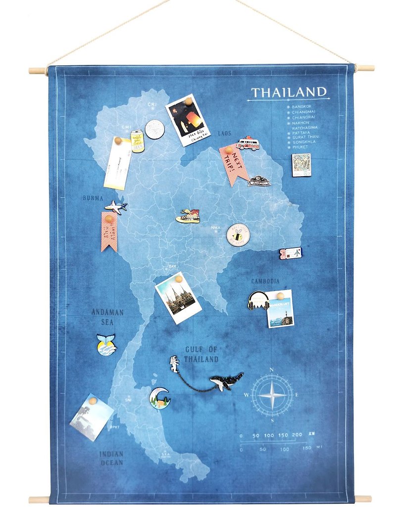 泰国地图画布与圆形木挂日记日记经典家居装饰 - 墙贴/壁贴 - 聚酯纤维 蓝色