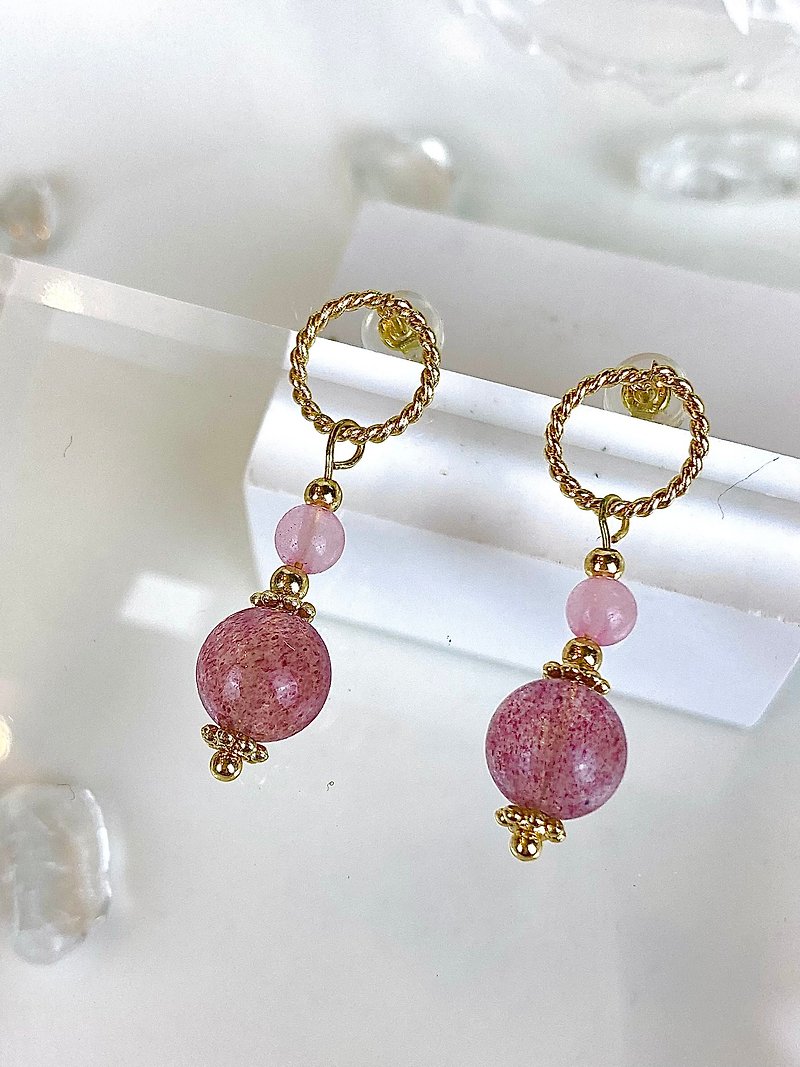 粉水晶 草莓晶 14KGF 耳环 - 耳环/耳夹 - 水晶 粉红色
