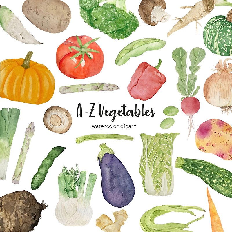 Watercolor vegetables clipart. A-Z veggies watercolor. Full alphabet vegetable - 其他数码设计 - 其他材质 
