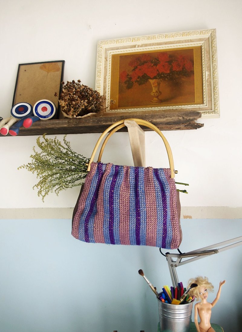 4.5studio-北欧古着古董包-传统手工钩针针织竹制提把手提包 - 手提包/手提袋 - 羊毛 紫色
