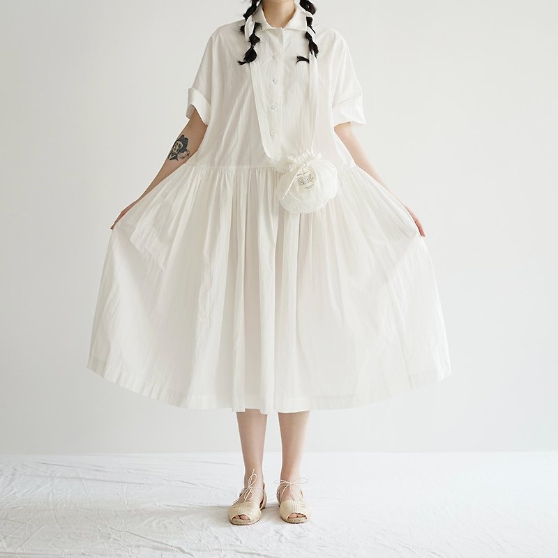 Smiling Visage Shirt Dress (White) - 洋装/连衣裙 - 棉．麻 白色