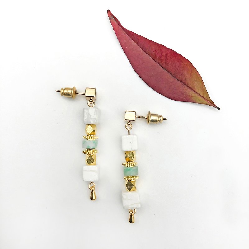 云石14KGF耳环 独家设计 翡翠 黄铜 几何耳环 日本风格耳环 耳夹 - 耳环/耳夹 - 半宝石 绿色