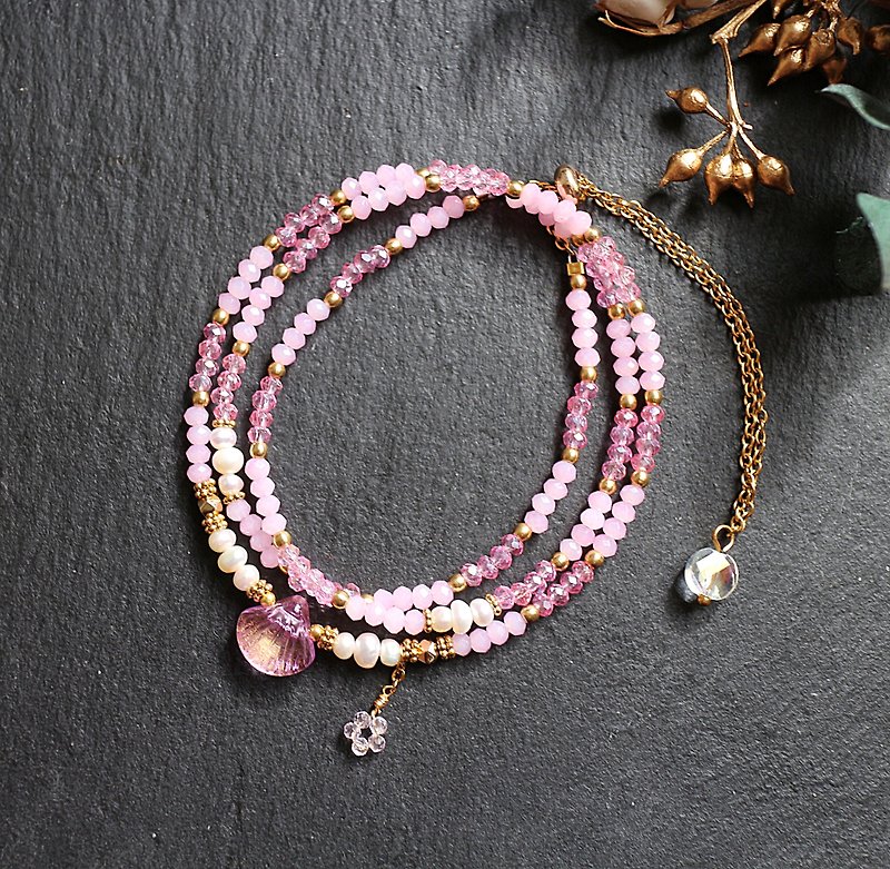 不锈钢玻璃珍珠三层调节式手链项链两用链粉红色 - 手链/手环 - 珍珠 粉红色