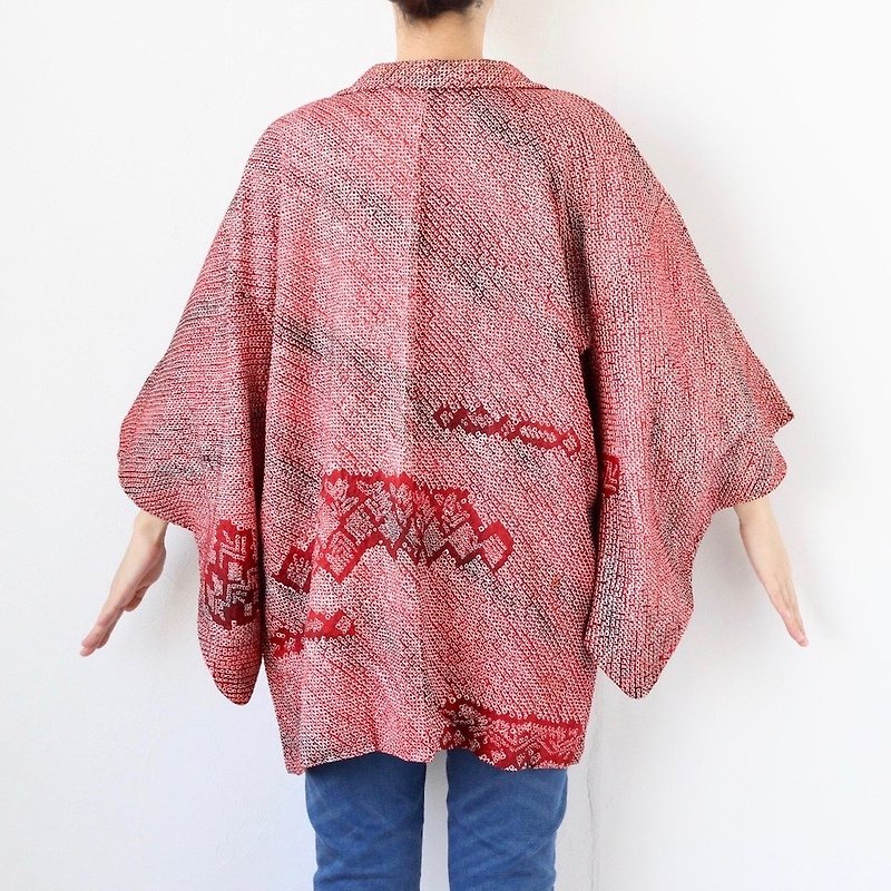 red SHIBORI Haori, Japanese kimono, kimono jacket, silk kimono, kimono /3939 - 女装休闲/机能外套 - 丝．绢 红色