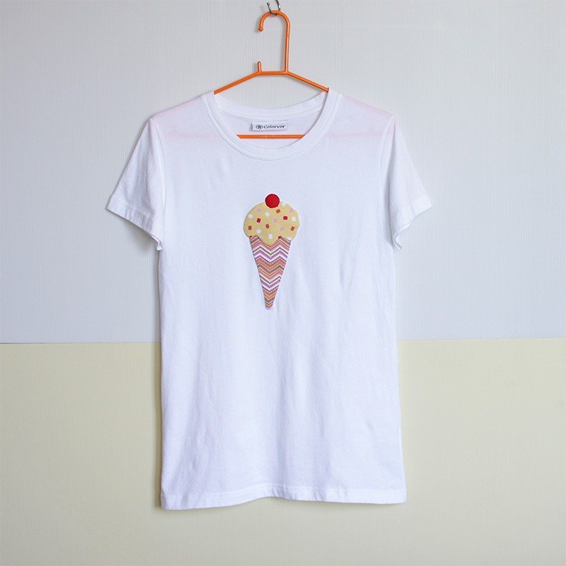 拼布冰淇淋女长版T-shirt - 女装 T 恤 - 棉．麻 白色