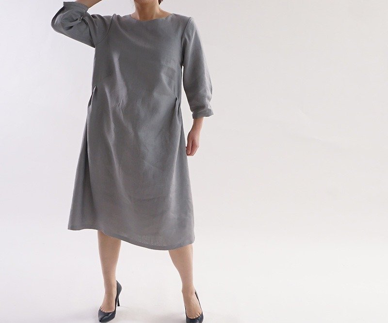 ベルギーリネン　サイドタック  ワンピース/グレー a1-12 - 洋装/连衣裙 - 棉．麻 灰色