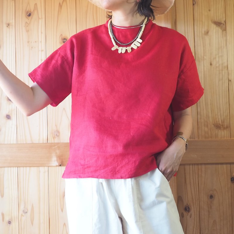 リネン　Tシャツ　ブラウス　レッド - 女装衬衫 - 棉．麻 红色