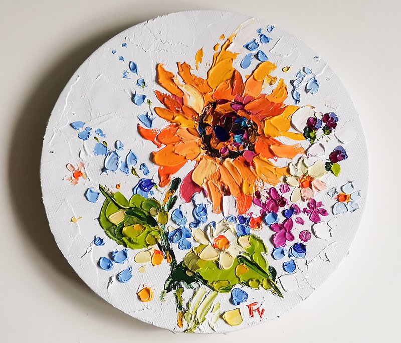 Sunflower Painting Original Art Impasto Oil Painting Flower Artwork Verafe - 海报/装饰画/版画 - 其他材质 橘色