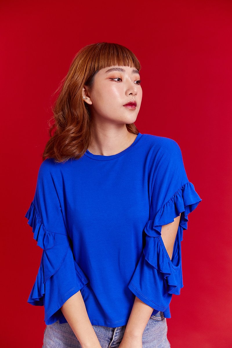 Amber T-shirt (Blue) - 女装 T 恤 - 棉．麻 蓝色