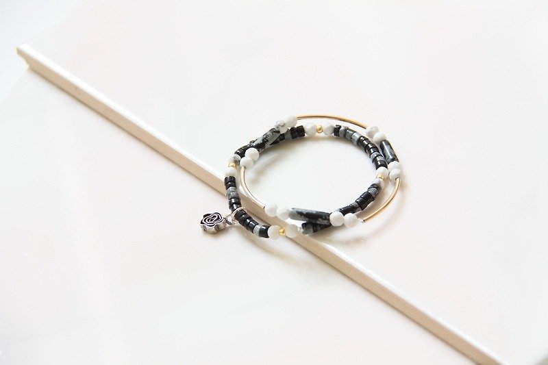 时尚能量珠宝系列-雪花石 白纹石双手环手链/ Alabaster & Howlite dual bracelets (两条组合) - 手链/手环 - 宝石 黑色