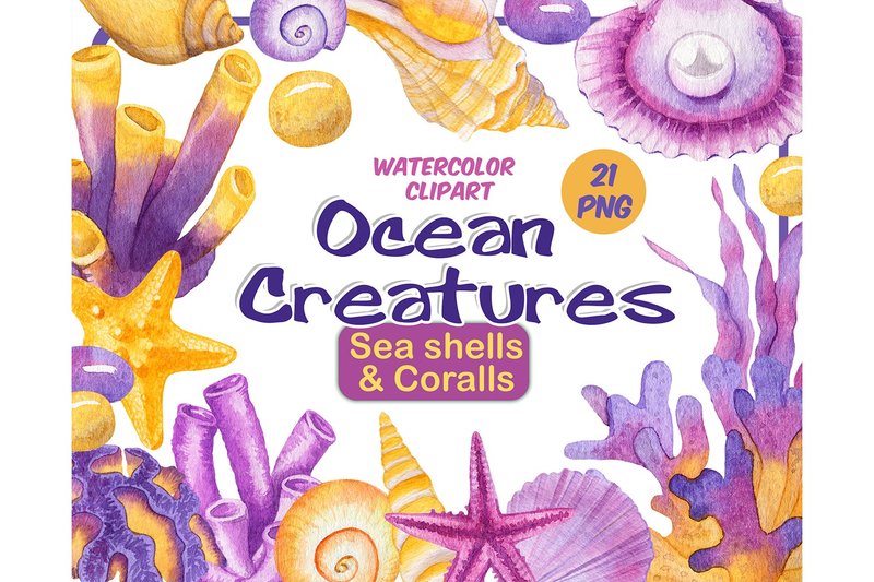 Watercolor sea creatures clipart set - Nautical animals PNG - 插画/绘画/写字 - 其他材质 紫色