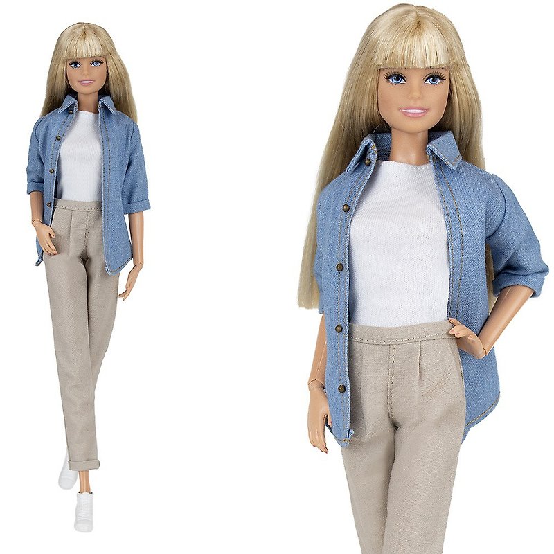 ELENPRIV denim shirt+ top+beige pants outfit for Barbie MTM doll 30cm 11 1/2 in