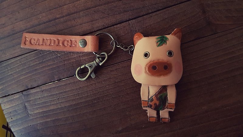 真皮 钥匙链/钥匙包 橘色 - 可爱丛林泰山猪纯牛皮钥匙圈 可刻字 ( 情人、生日送礼)