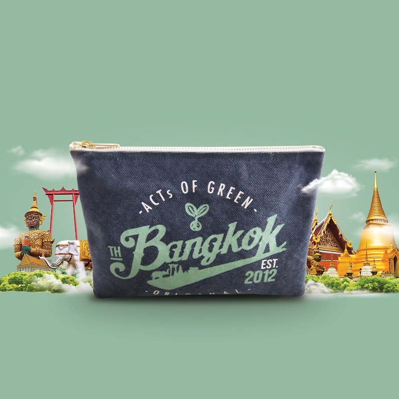 Pouch Bag - Bangkok ACTs Of Green (Dark Blue) - 化妆包/杂物包 - 棉．麻 蓝色