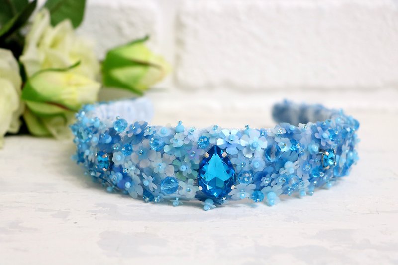 玻璃 发带/发箍 蓝色 - Bblue crystal perls headband Bridal gentle tiara Diadem with flowers