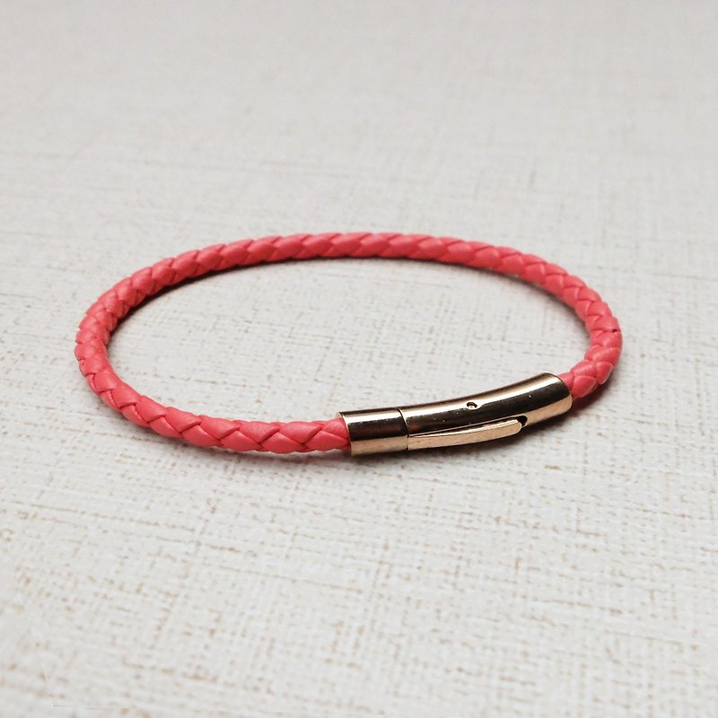 316不锈钢 玫瑰金扣件 4mm珊瑚红 编织皮手环 - 手链/手环 - 真皮 粉红色