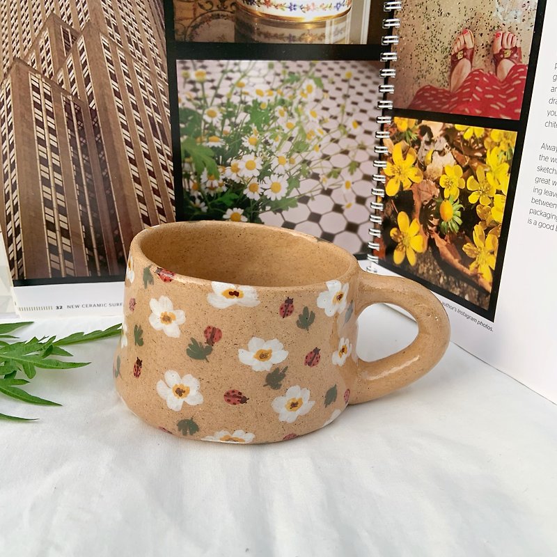 Hand painted  ceramic cup | white flower and lady bug  | ceramic handmade